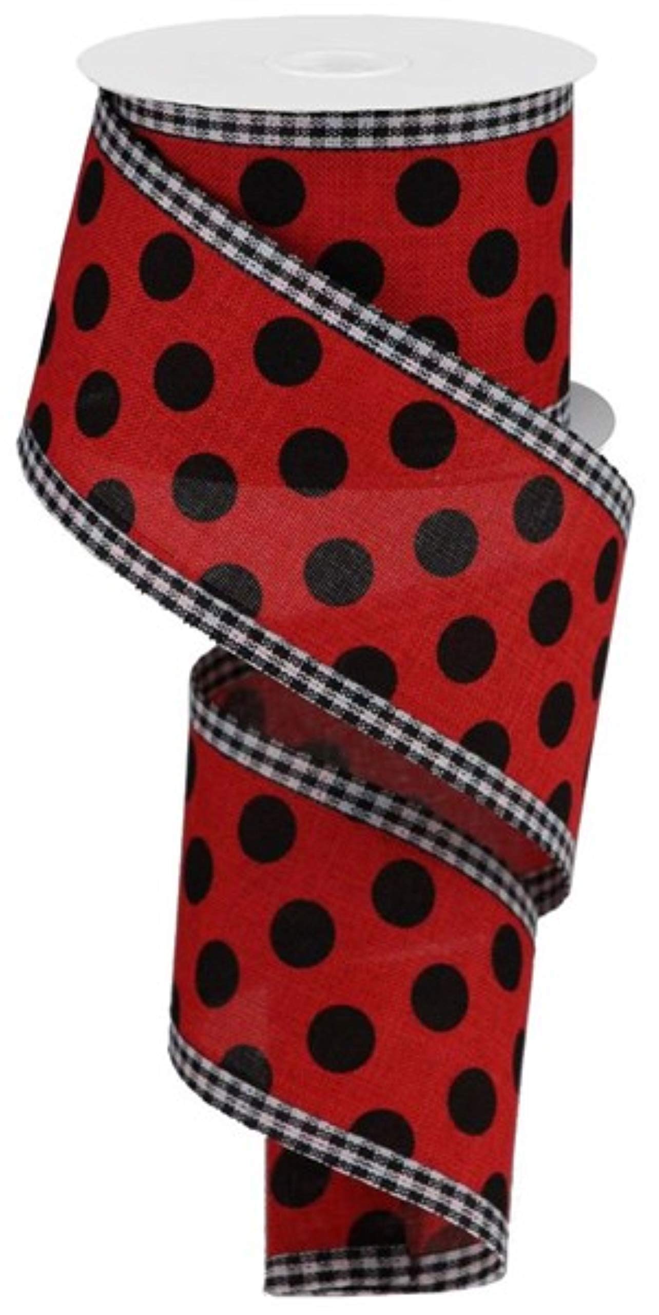 Craig Bachman, 2.5" Medium Polka Dots Gingham Edge: Red & Black (10 Yards) - Red Black Gingham Edge Polka Dot Wired Edge Ribbon