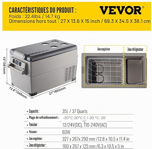 VEVOR Glacière Électrique Voiture, 35 L, Réfrigérateur Portable à Compression, Mini Frigo, 69,3x34,5x38,1 cm, Mini Congélateur avec Écran LCD Numérique -20 à 20 ℃ pour Maison/Voiture/Camping - 7