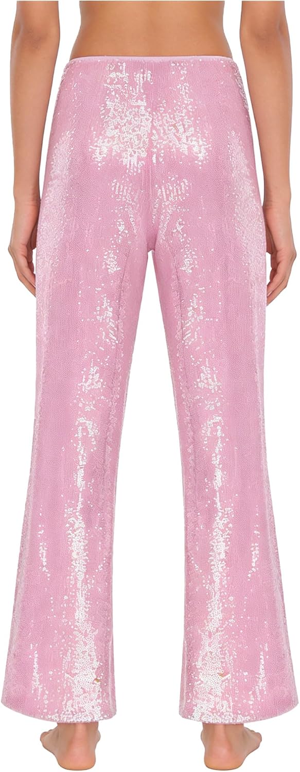 iiniim Womens Glittery Sequin Trousers with Fully Lined Wide Leg Disco Pants Party Club Dance Straight Leg Trousers