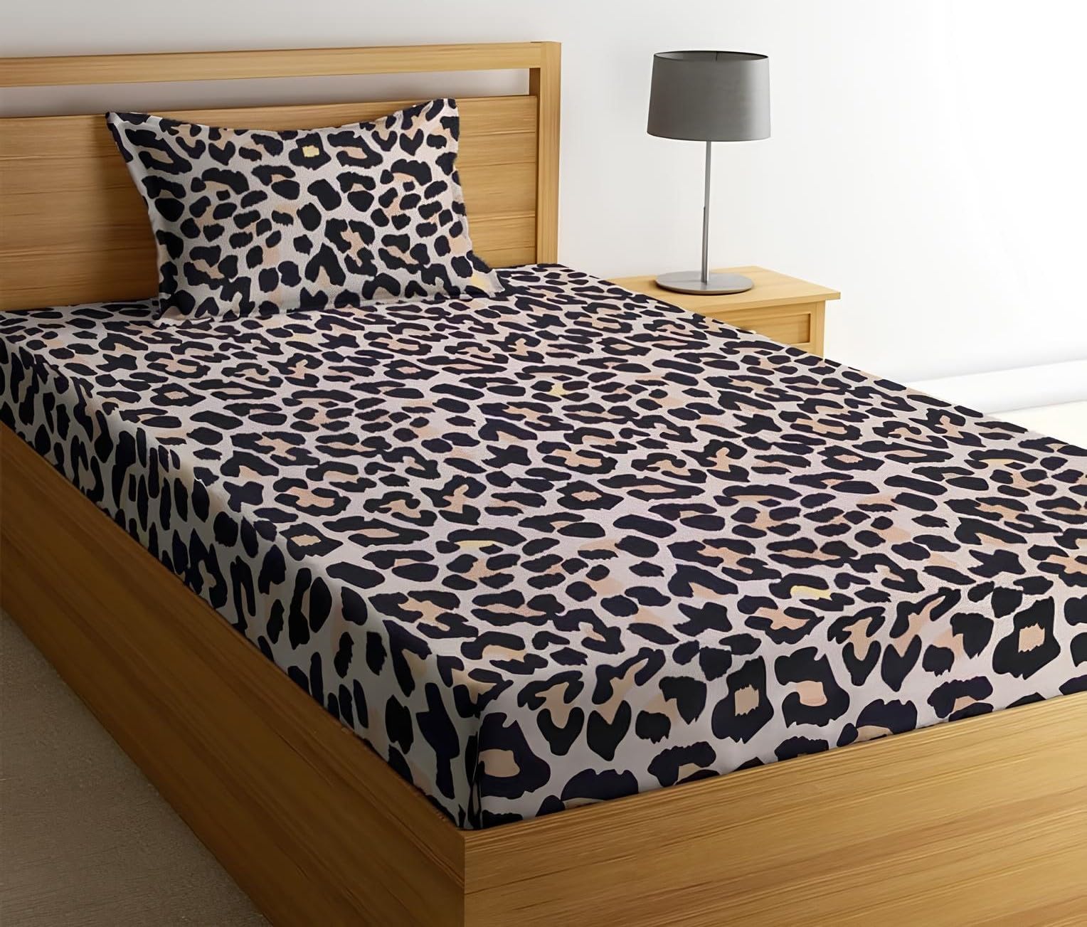 Glace Cotton Single Fitted Bedsheet 36x78 Inch with 1 Pillow Cover, Elastic Bed Cover Fits Upto 8 Inches Mattress Depth, Luxury Leopard Cheetah Print Beige Black Single Bed Sheet - Multicolor-image-13