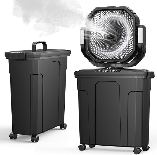 Ausic 12-inch 20L Bucket Misting Fan Portable, 30000mAh Outdoor Fans for Patios/Camping/Beach/Golf etc., Rechargeable Battery Powered Water Cooling Fan with LED Light, Timer, Caster, Oscillating