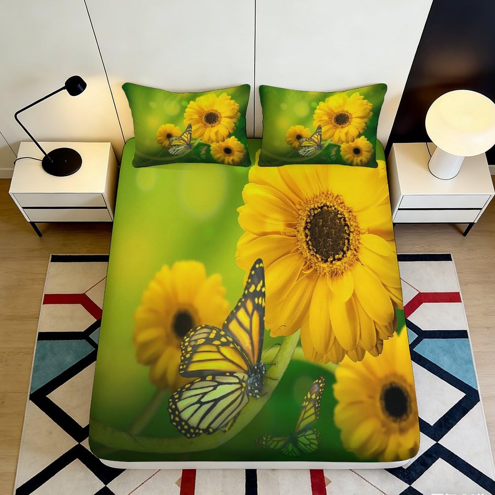 3D Printed Sunflower Butterfly Fitted Sheet Microfiber Soft Non-slip Mattress Cover for Bedroom Guestroom Decor, Machine Washable 90x200x25cm
