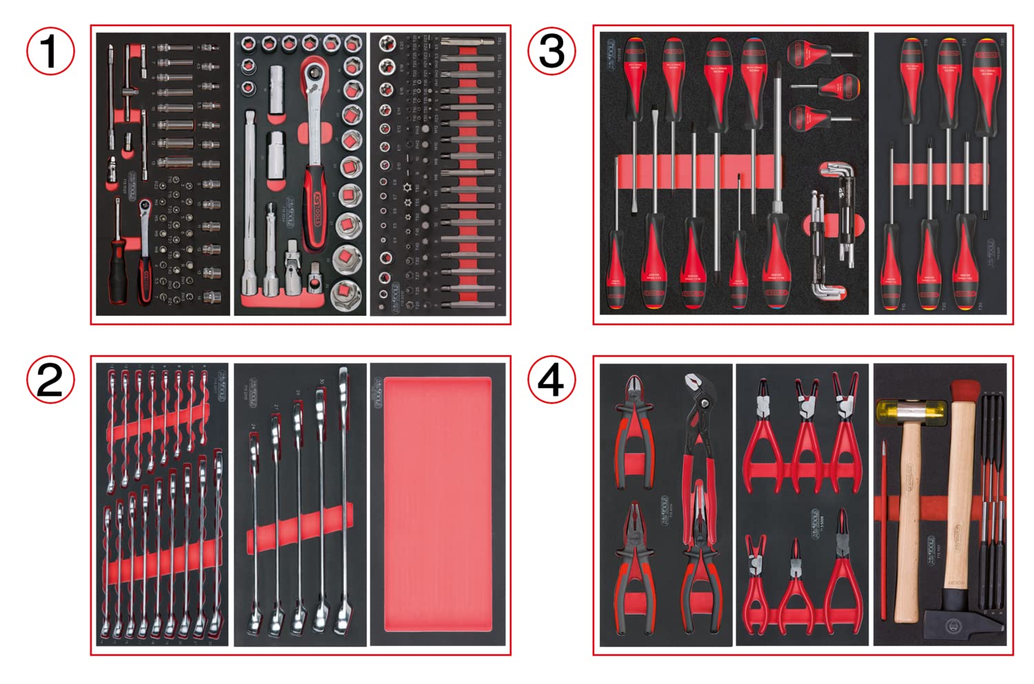KS Tools 714.0241 - Composition d'outils 4 tiroirs pour servante - Empreinte des outils découpée au laser - Résistant aux huiles et produits chimiques - Mousse imputrescible - 241 pièces