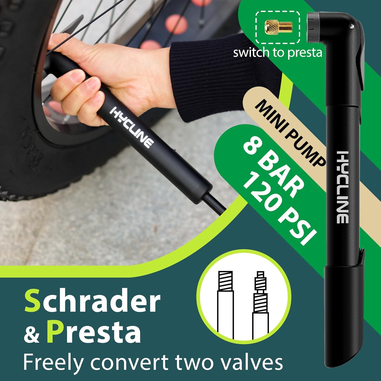 Hycline Compact High Pressure Mini Bike Pump - 120 PSI Max, Bicycle Tyre Pump for Road, MTB & BMX Bikes - Fits Presta & Schrader Valves, Includes Needles for Sports Balls 3