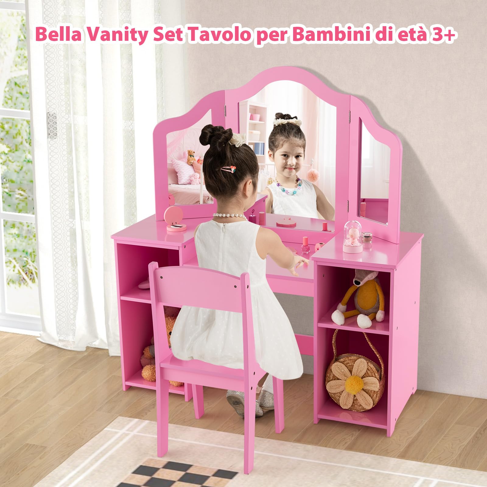 COSTWAY Set Toeletta per Bambini 2 in 1, Set Postazione Trucco in Legno con Sedia, Specchio a 3 Ante Rimovibile e 4 Scomparti, per Bambini 3+ Anni (Rosa)