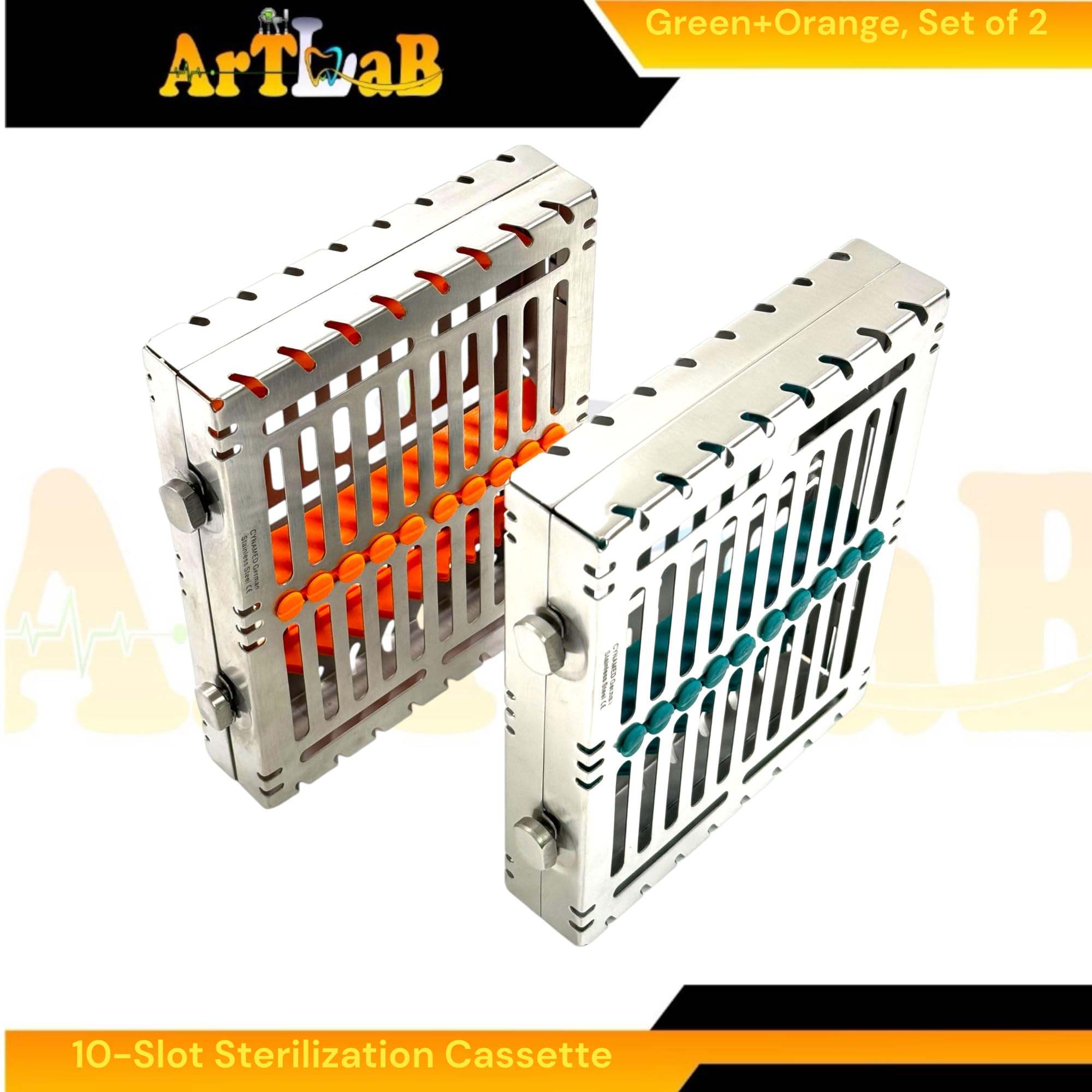 Double-Button, Detachable Sterilization Cassettes with Removable Silicone Inserts, Pack of 2, Green & Orange - for 10 Veterinary Instruments
