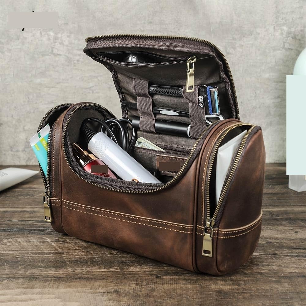 Neceser de Cuero Men Leather Travel Business Toiletry Shaving Bag Women Retro Cosmetic Washing Shower Organizer Handbag Large Capacity