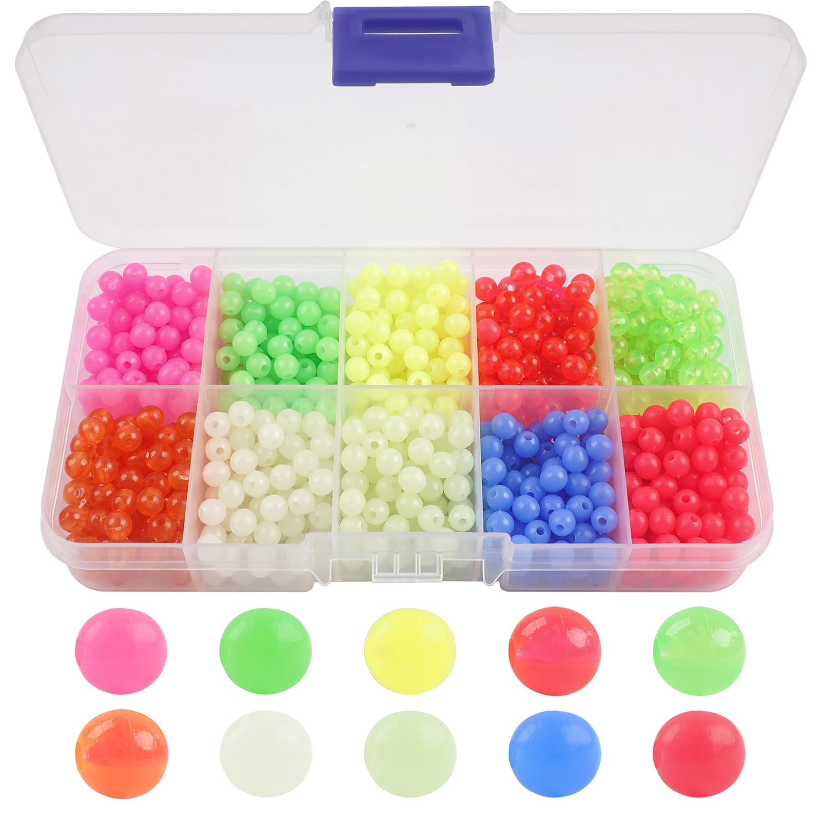 Fishing Beads Assortment Kit, 1000pcs 5mm Fishing Line Beads Round Plastic Fish Rig Beads Mix 10 Colors Luminous Fishing Bait Eggs Lures Tackle Accessories