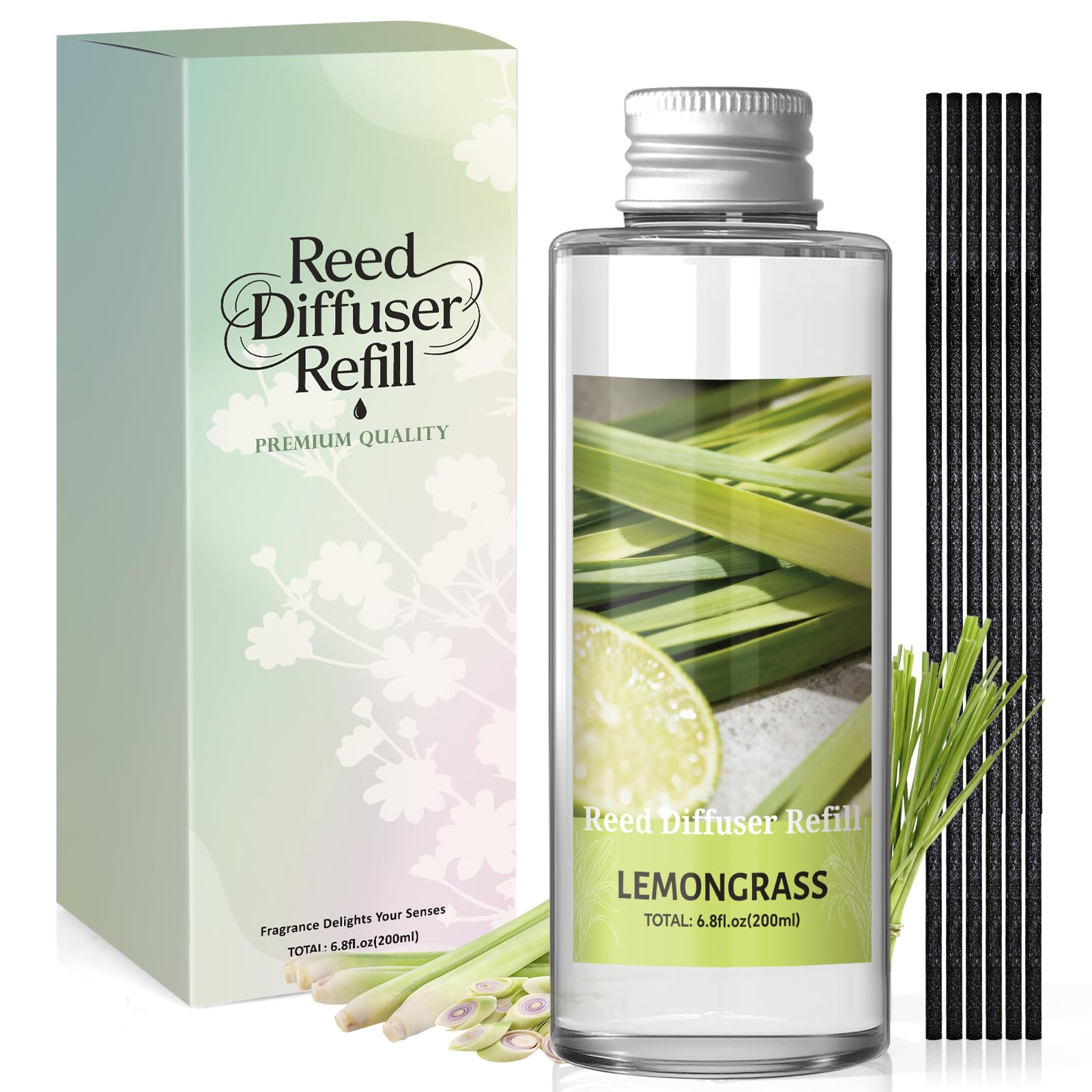 Scent-Hi Reed Diffuser Refill 200ml, Lemongrass Scented Refill with 6 Reed Sticks, Long-Lasting Home Fragrance Decor for Living Room, Bedroom, Office
