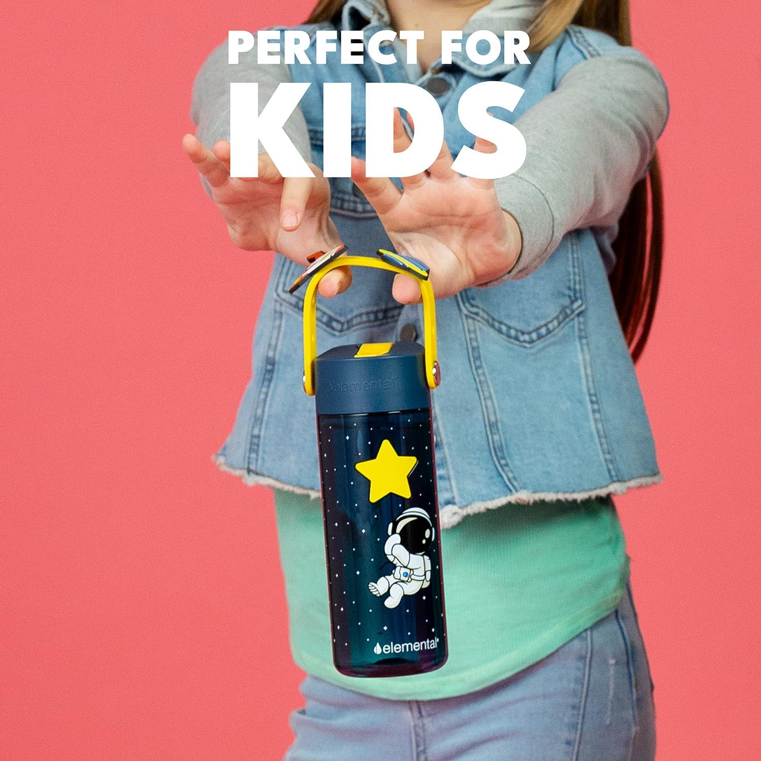 Elemental Water Bottles for Kids - Splash Kids Water Bottle for School with Fun Charm Handle - BPA Free Tritan Plastic Bottle with Straw Leak Proof When Spout is Closed - 18oz - Little Astronaut - Image 5