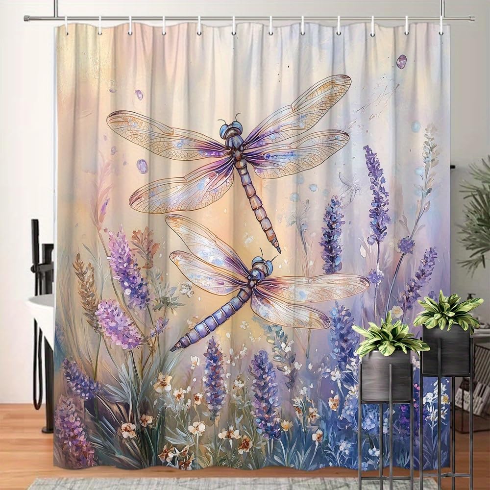 GLWDMB 1 Piece 150x180CM Dragonflies And Lavender Flowers Pattern Printed Shower Curtain With Hook, Polyester Fabric, For Windows And Walls, Bathtub, Bathroom, Machine Washable, All Season Universal