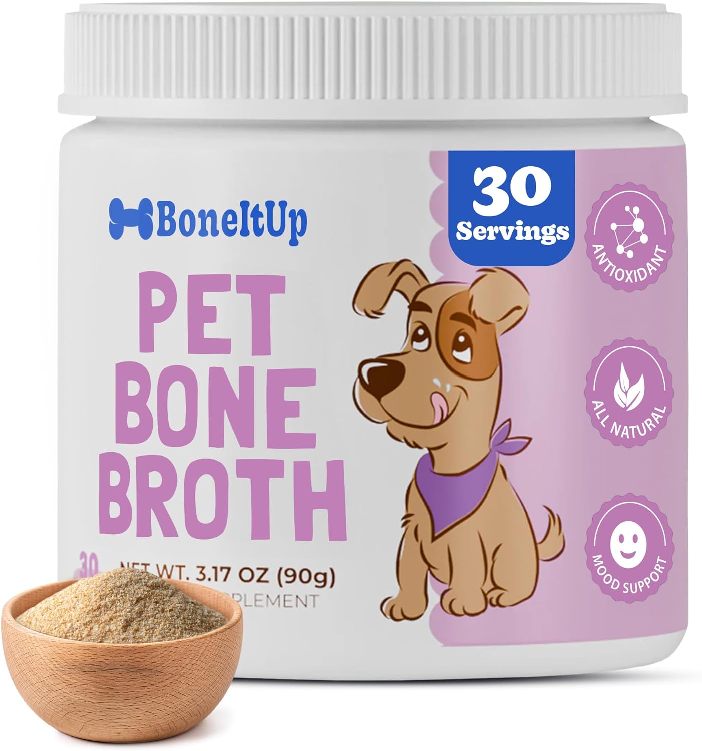 BoneItUp Dog Bone Broth Powder - Made with Real Beef & Chicken, Nutritious & Hydrating Dog Bone Broth Topper for Picky Eaters - Healthy Joints, Coat, Digestion Support (30 Servings)
