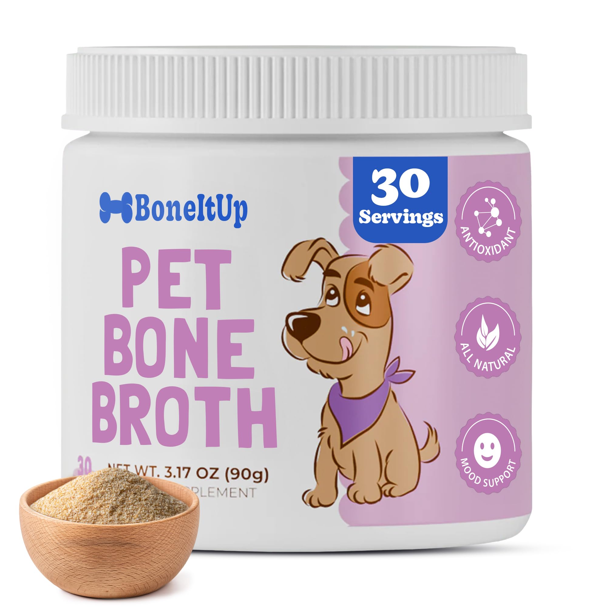 BoneItUp Dog Bone Broth Powder - Made with Real Beef & Chicken, Nutritious & Hydrating Dog Bone Broth Topper for Picky Eaters - Healthy Joints, Coat, Digestion Support (30 Servings)