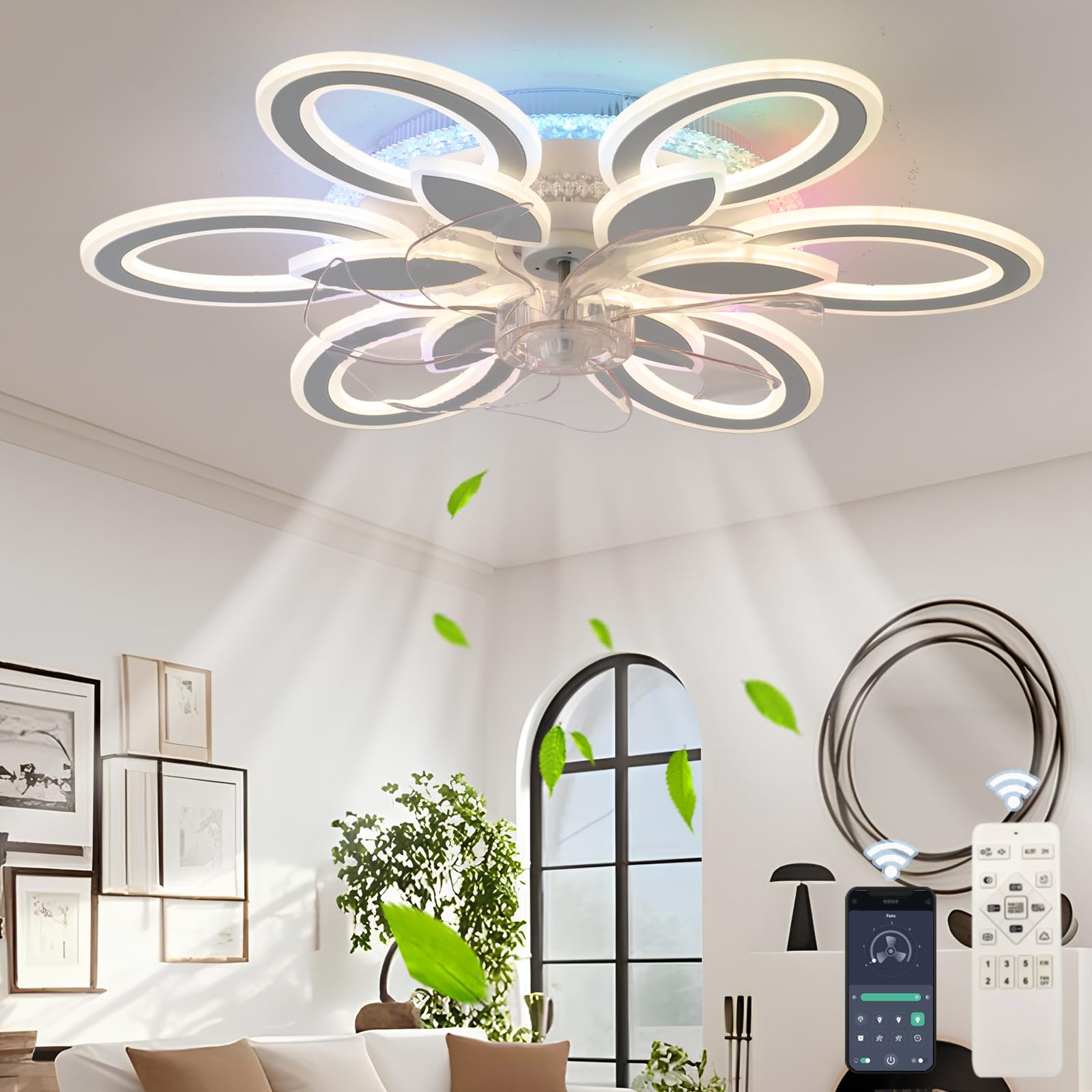 SXDMOUBK Modern Ceiling Fans with Lights RGB for Living Room, Flower Smart Ceiling Fan with Lamps Generation Remote Control/APP, 6 Speed, Bedroom Fan Light Ceiling, DC Motor,White