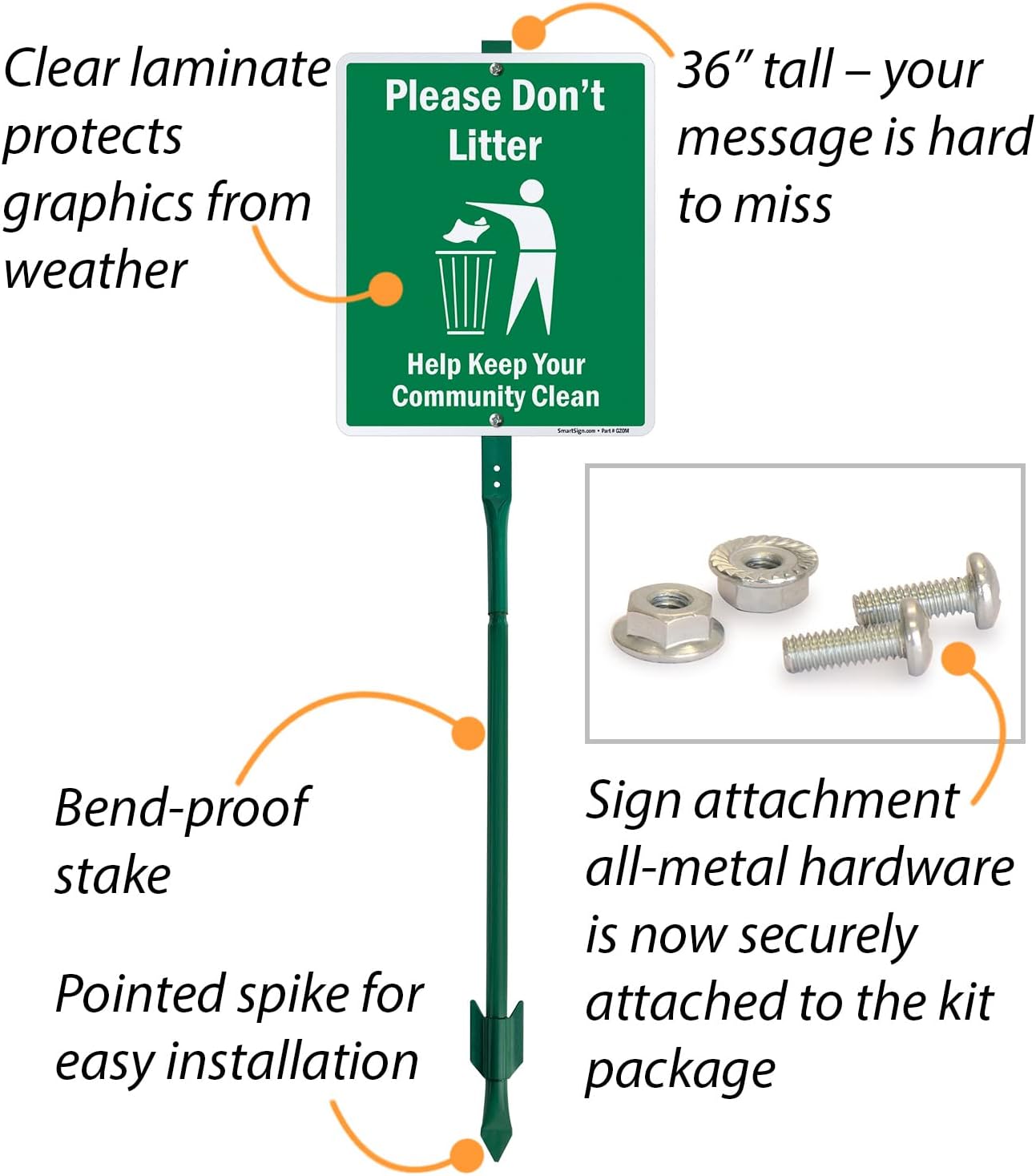SmartSign 12 x 10 inch “Please Don't Litter - Help Keep Your Community Clean” LawnBoss Yard Sign with 3 foot Stake, 40 mil Laminated Rustproof Aluminum, White and Green, Set of 1, Made in USA