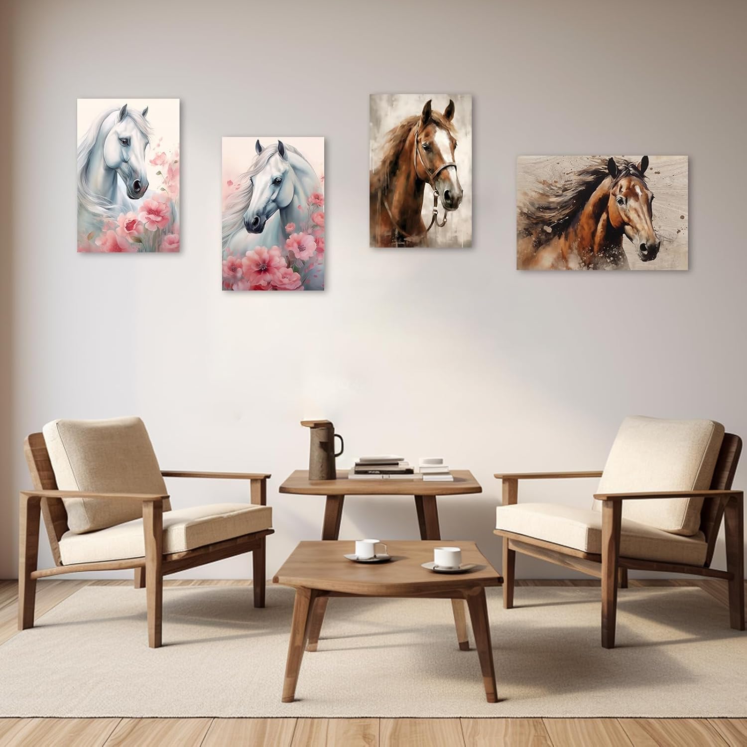 ZXHYWYM ZXHYWYM 馬 キャンバス ウォールアート 白馬 ピンクフラワー ピクチャープリント ロマンチック エレガント アートワーク 西