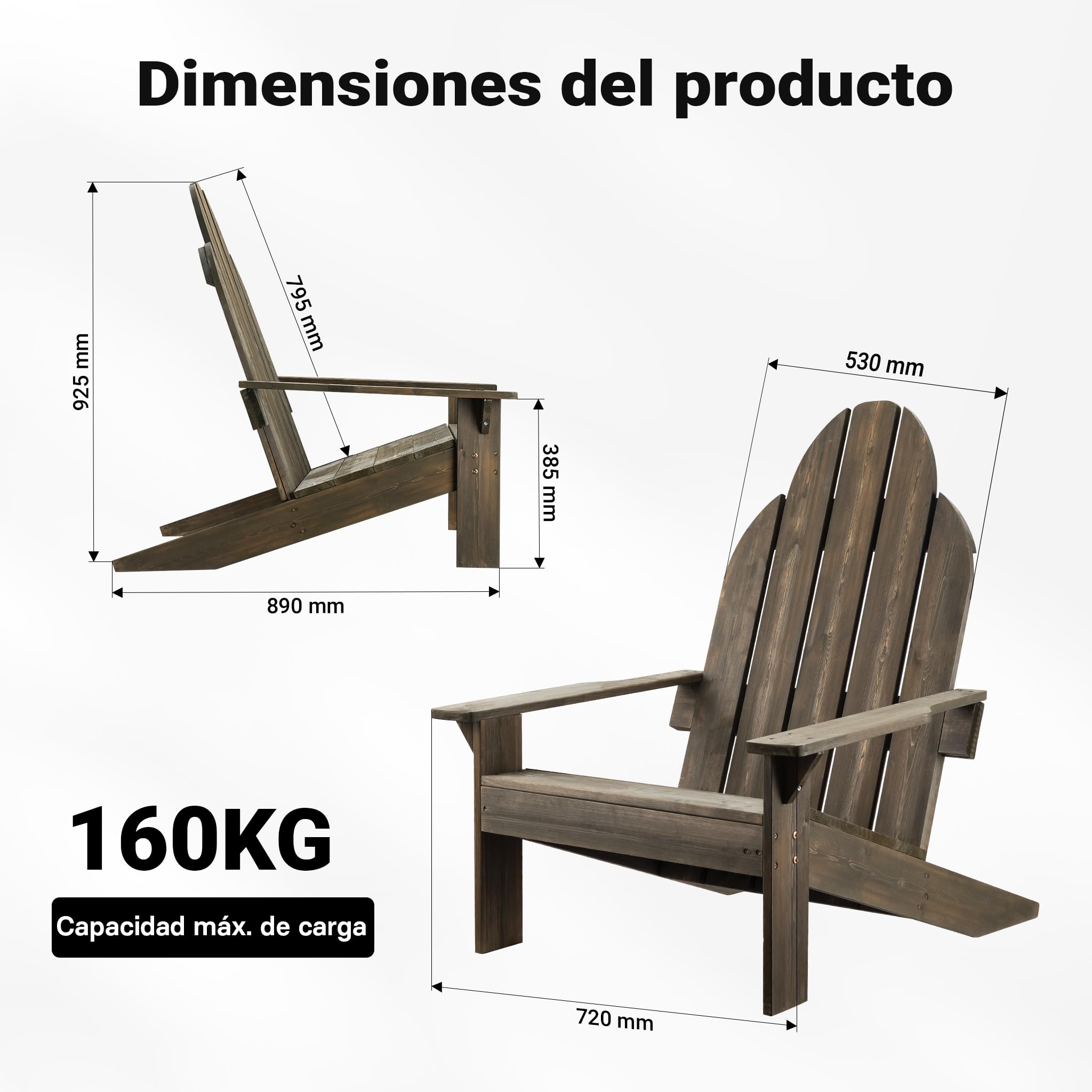 WilTec Silla de jardín Adirondack de Madera Maciza 89 x 72 x 92,5 cm - para Exterior, jardín - hasta 160 kg - ergonómica - de Pino - Muebles ajardinados macizos atemporales