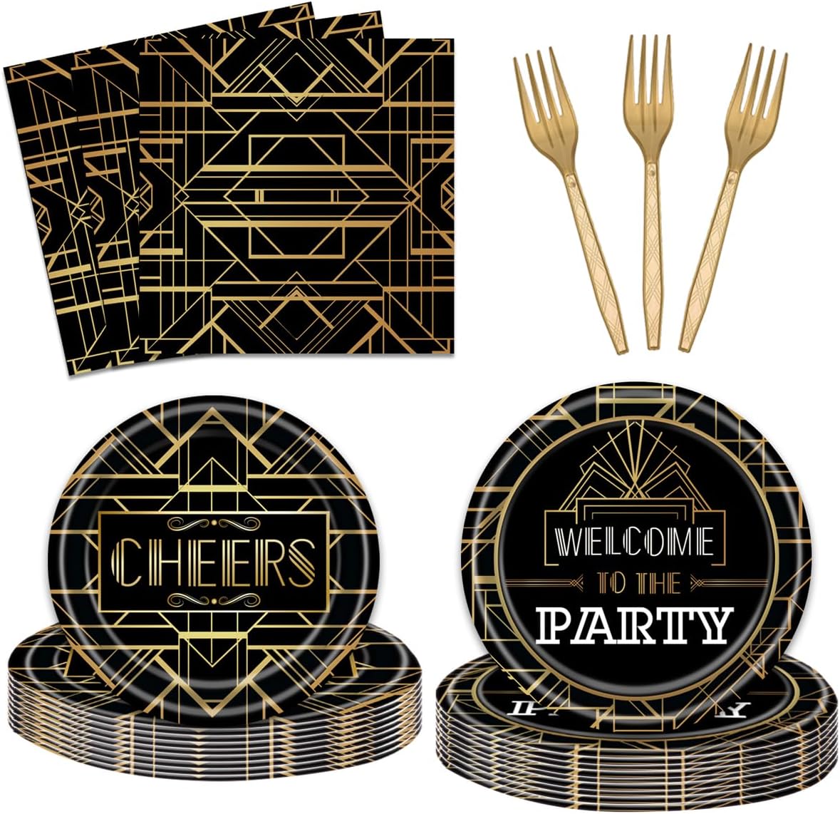 96 Pcs Roaring 1920's Party Plates and Napkins Party Supplies Black and Gold Retro Jazz Flapper Party Tableware Set 20s Great Gatsby Party Decorations Favors for 24 Guests