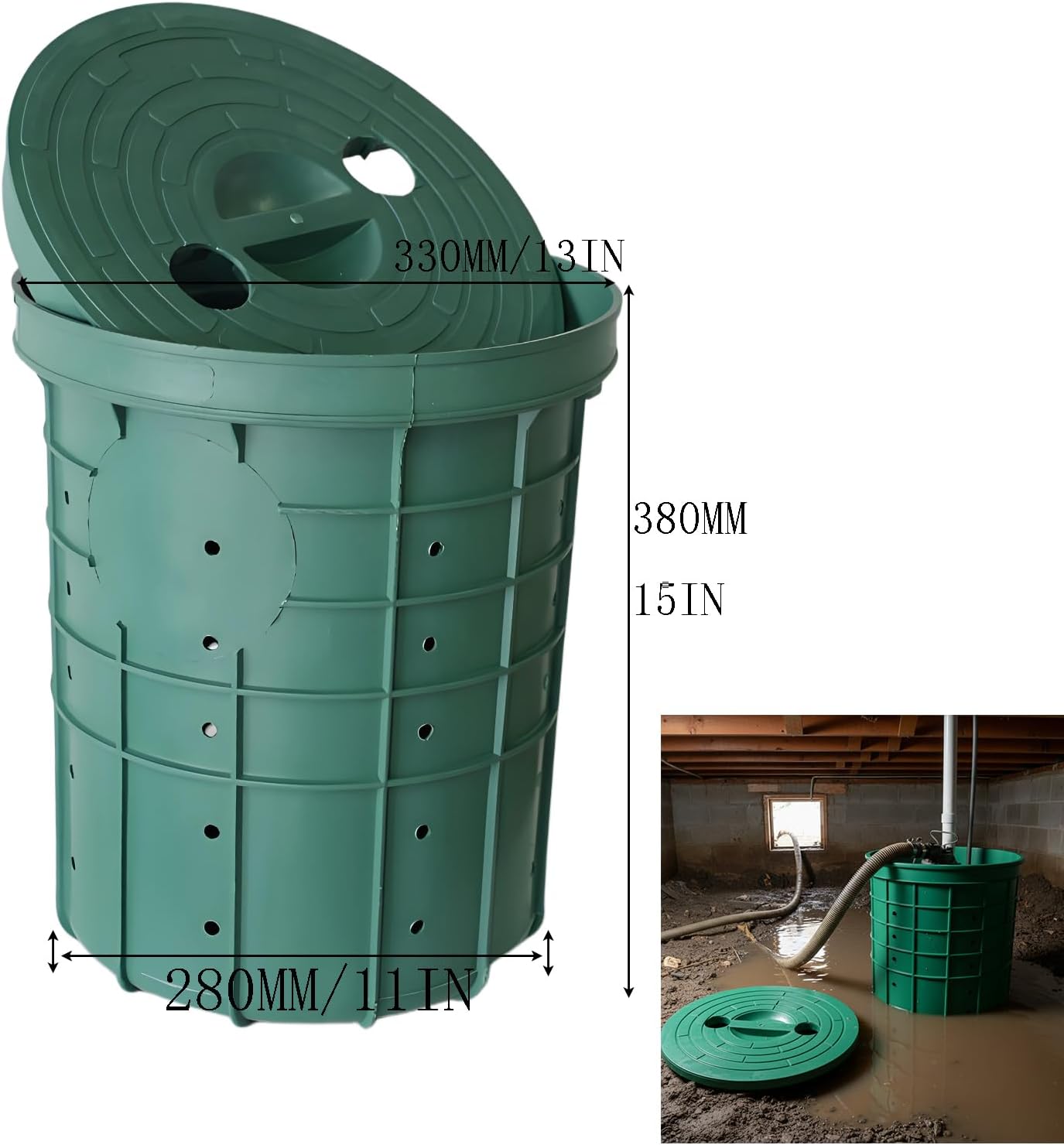 5 Gallon Perforated Sump Pump Basin with Lid (13x11x15 Inch) - Heavy Duty PP Sump Basin with 40 Drainage Holes for Crawl Space, Basement & Yard Drainage Systems, Green