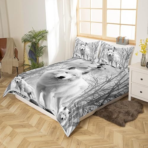 Miniatura 2 de Juego de funda de edredón de lobo blanco, lobos y parejas, juegos de ropa de cama de animales de safari para niños, niñas, familia de lobos, vida