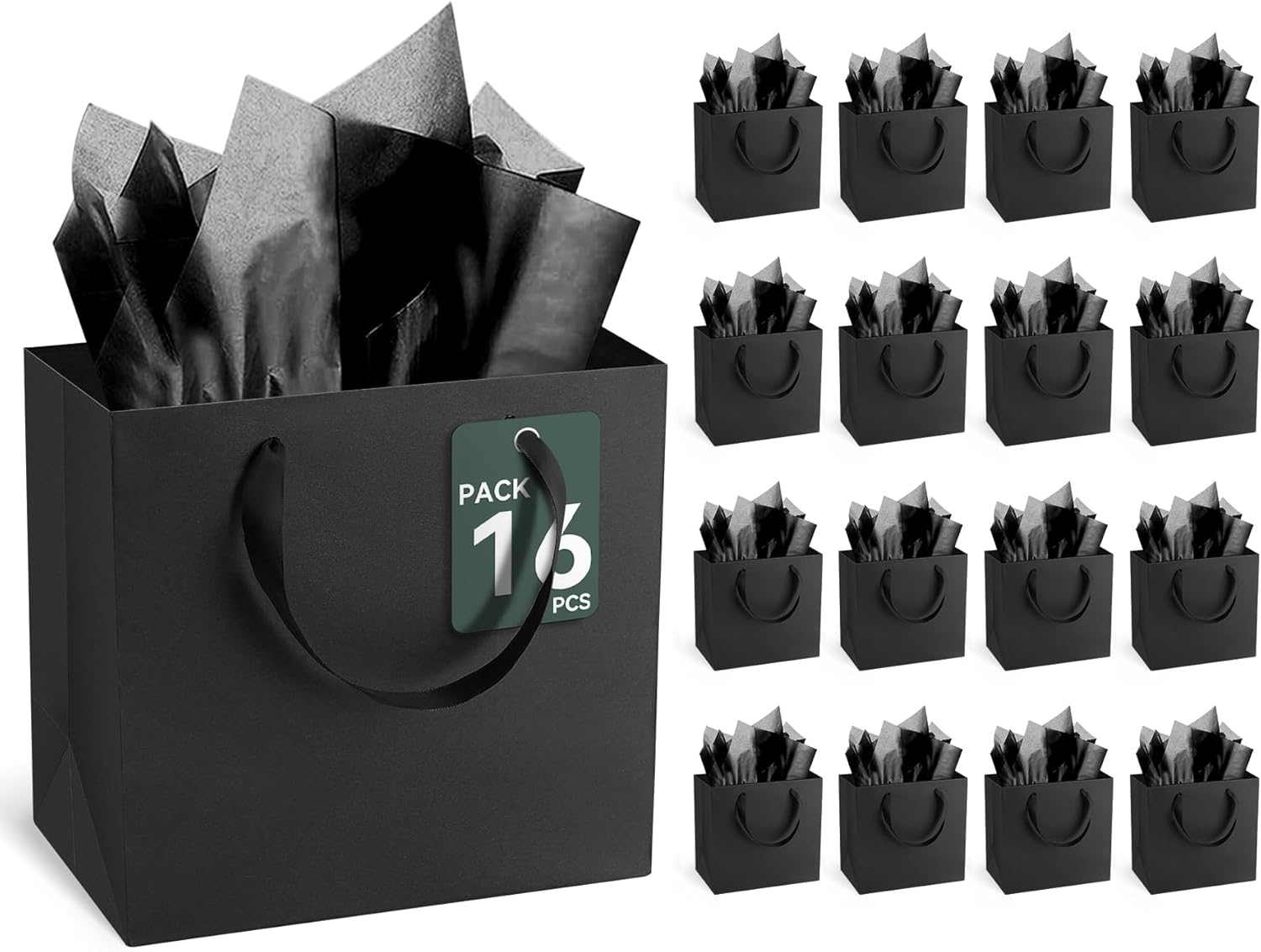 GEGIBOA Black Gift Bags With Handles and Tissue Paper 16 Pcs, 12.5x4.5x11 Inch Sturdy Kraft Paper Gift Bags, Bulk for Wedding, Party, Birthday, Business and Shopping