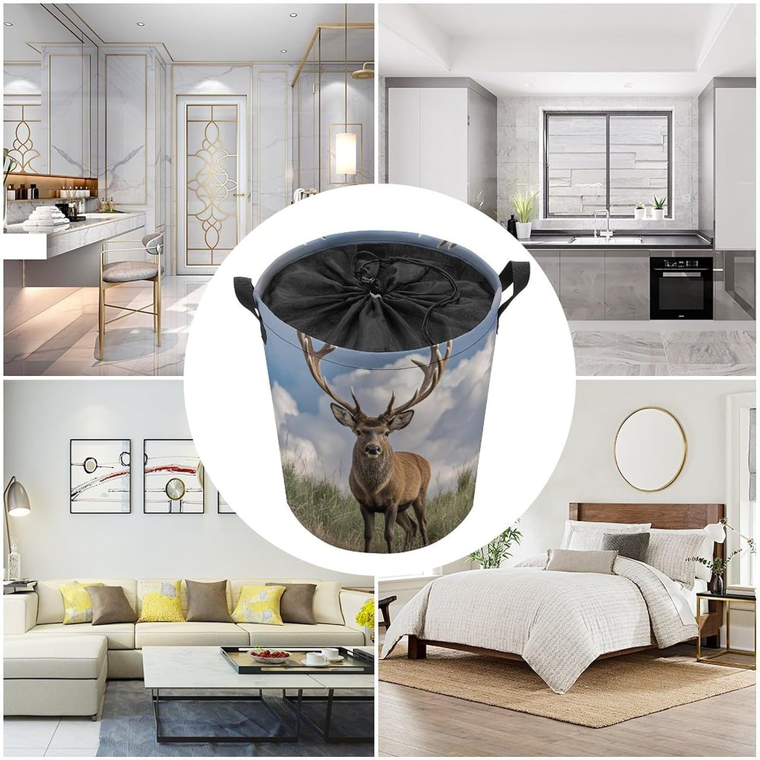 Elk Laundry Bag Large Collapsible Laundry Baskets Freestanding Waterproof Clothes Hamper with Handles & Drawstring for Laundry Room Bedroom Bathroom