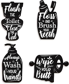 Bathroom Wall Decor Signs, Black and White Wooden Plaques, Funny Wash Brush Floss Flush Design, Set of 4