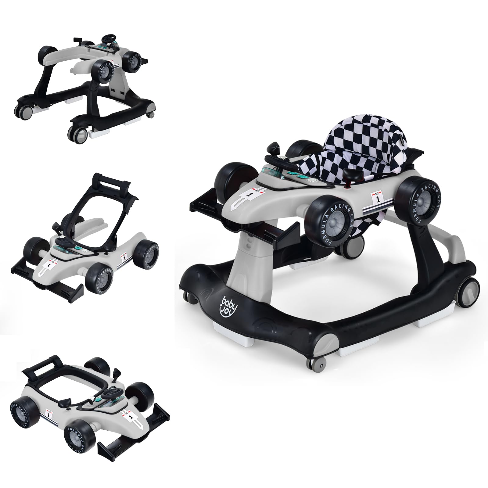 GYMAX Baby Walker, 4 in 1 Foldable Toddler Push Along Walker with Steering Wheel, Music Box, Lights and Comfy Seat, Height & Speed Adjustable Infant Learning to Walk Activity Center (Gray)
