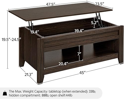 Miniatura 11 de Topeakmart Mesa auxiliar elevable con compartimento oculto y estante de almacenamiento abierto, mesa central elevable de altura ajustable para sala