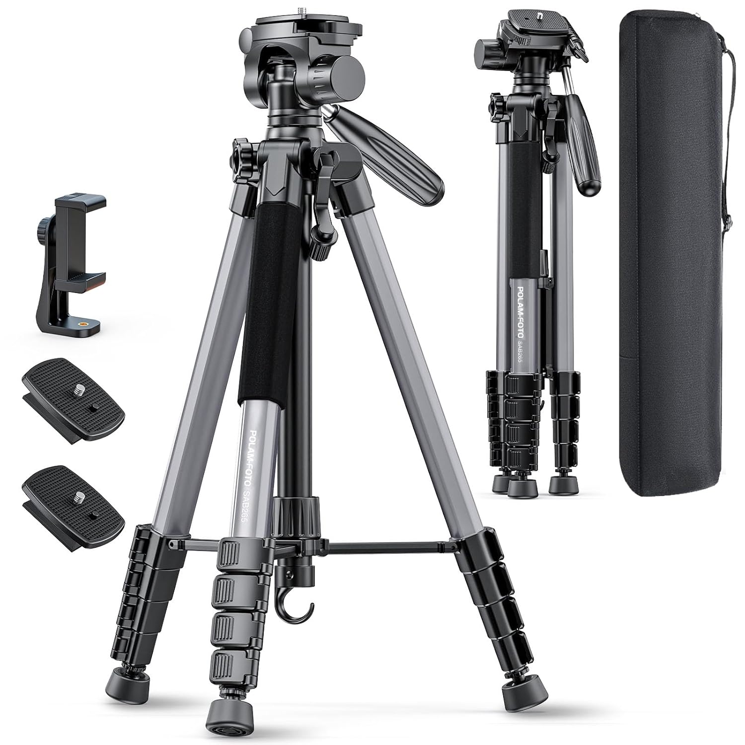 Camera Tripod 74″/188cm, Professional Aluminum Heavy Duty Tripod Stand, Compact Tripod with Carry Bag, 360 Degree Head Light Gray