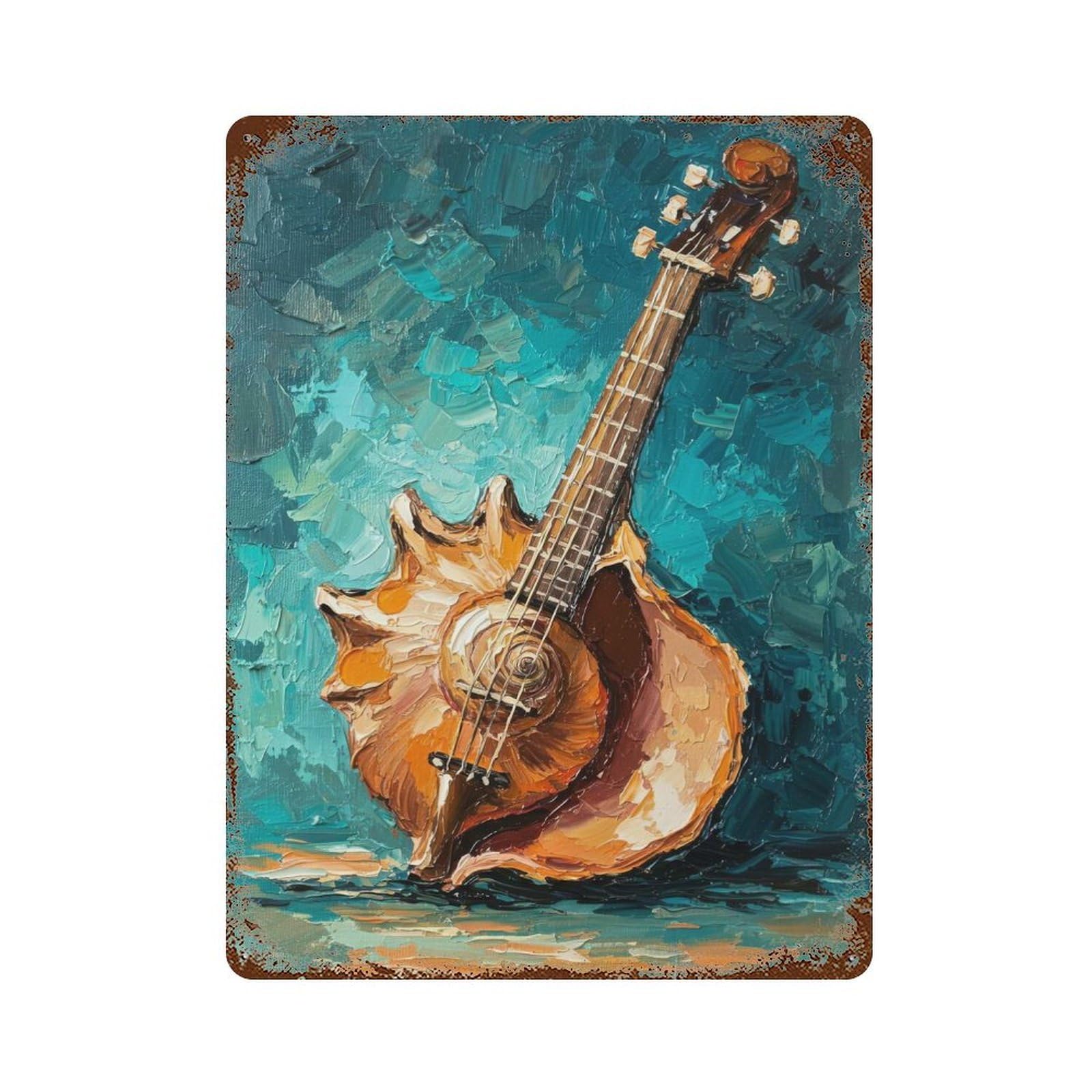Seashell Guitar Oil Painting Rust Effect Tin Sign 15.7"x11.8", Vintage Wall Decor for Garage, Pub Or Kitchen