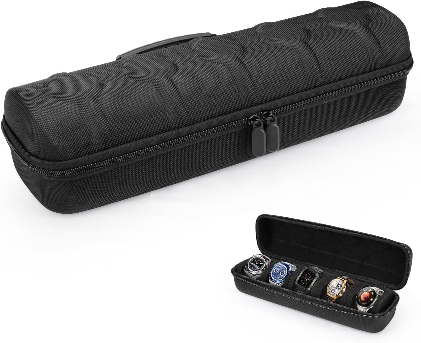 5 Slots Hard Watch Travel Case, Portable Double Zipper Watch Roll Storage Organizer Box with Soft Foam Pillow & Handle for Men Women, Black