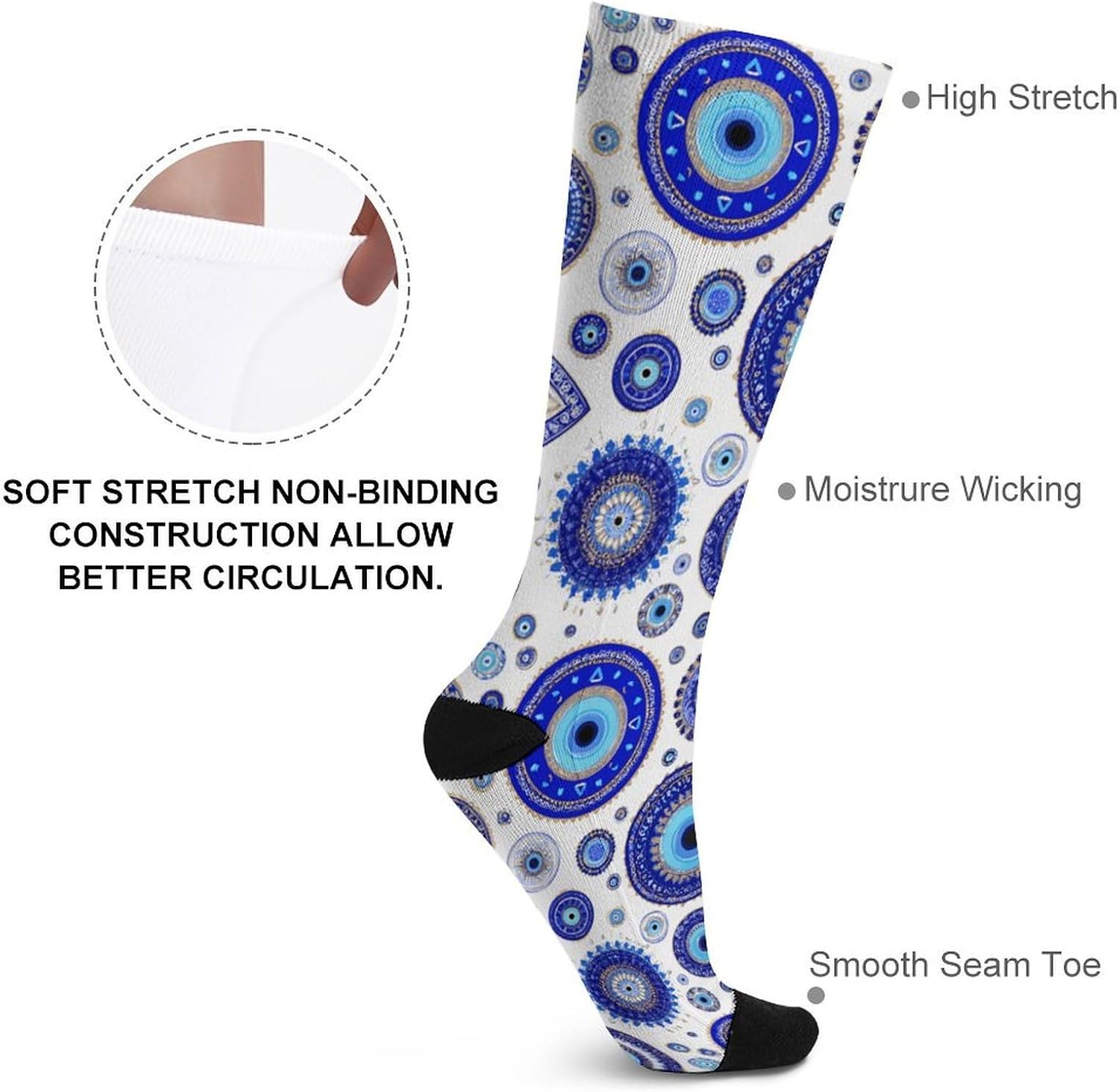 Blue Greek Evil Eyes Knee High Socks Athletic Long Stockings Sport Casual Crew Tube Sock Boot 46cm