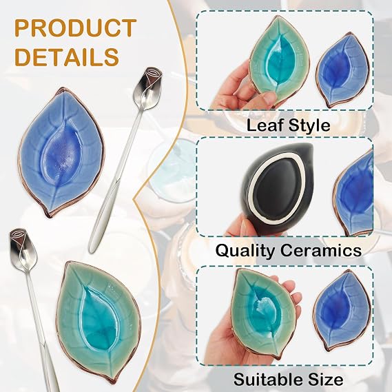 2 Pack Coffee Spoon and Leaf Rest Set, Ice Cracks Leaf Ladle Holder, Tea Spoon Rest for Kitchen Counter, Dining Table, Coffee Bar Teaspoon Rest with Spoon (Lake blue and Sapphire)