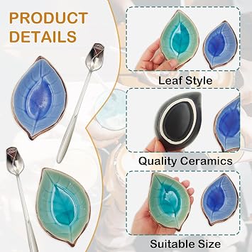2 Pack Coffee Spoon and Leaf Rest Set, Ice Cracks Leaf Ladle Holder, Tea Spoon Rest for Kitchen Counter, Dining Table, Coffee Bar Teaspoon Rest with Spoon (Lake blue and Sapphire)