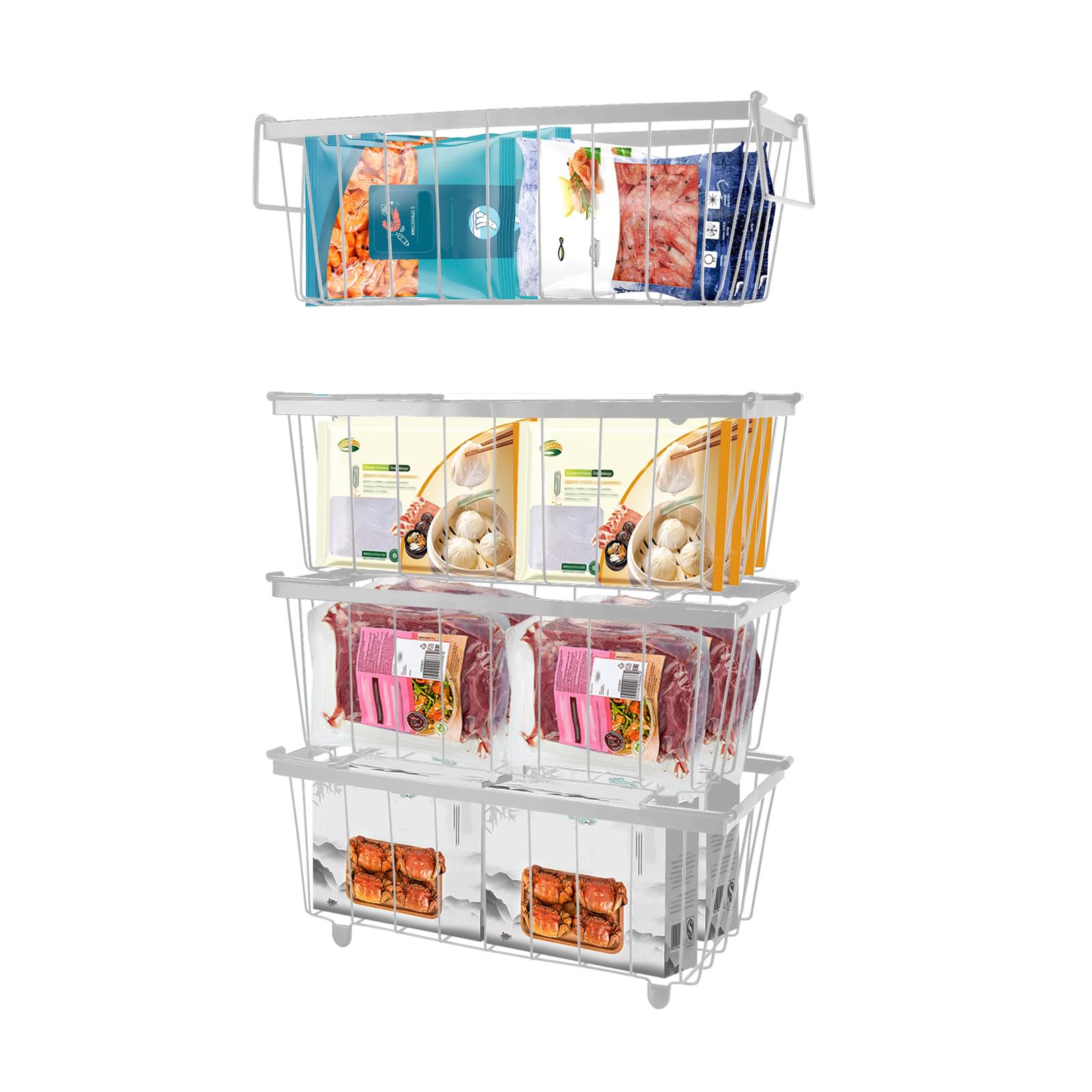 4 Cestini Organizer Freezer - Impilabili Con Maniglie, Per Congelatori 5-7 Piedi Cubi, Bianco - Foto 14
