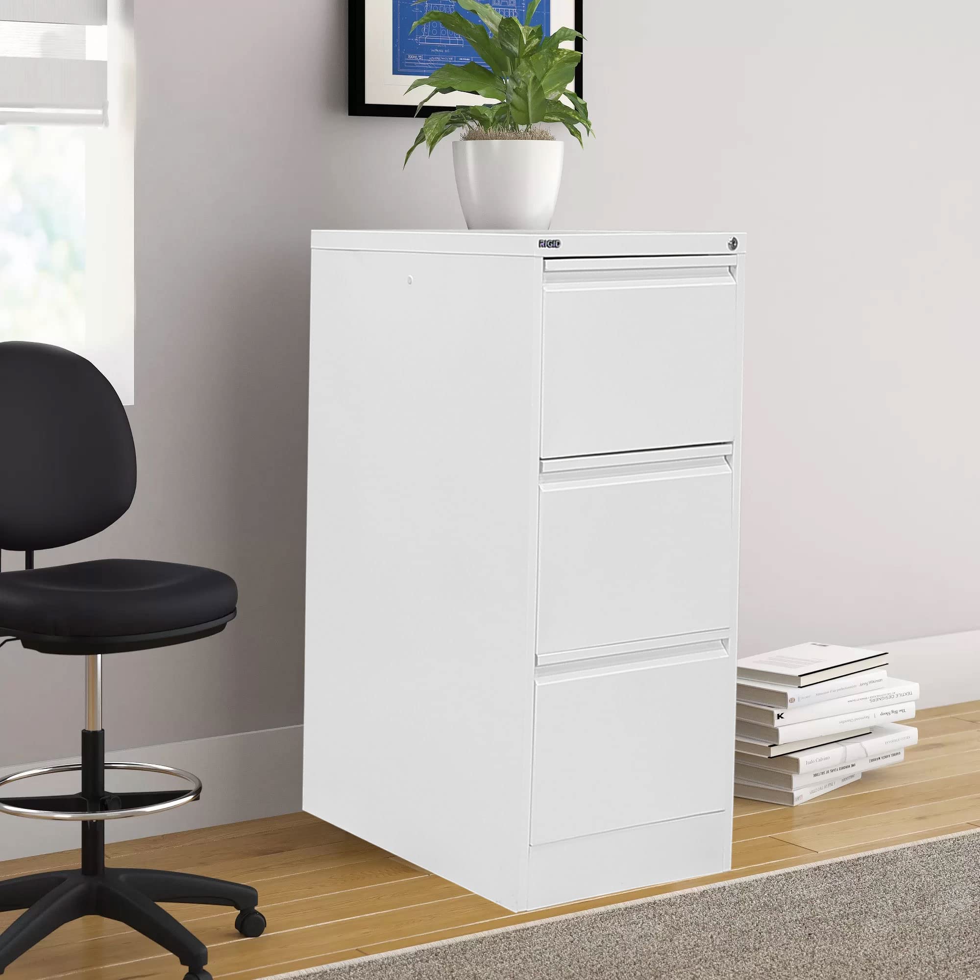 RIGID Vertical Document Cabinet with 3 Drawers | High Capacity Metal Storage for Legal Size Files | Smooth Sliding Channels, Office Organizer, Pre Assembled, White (62D x 46.5W x 102.5H CM)
