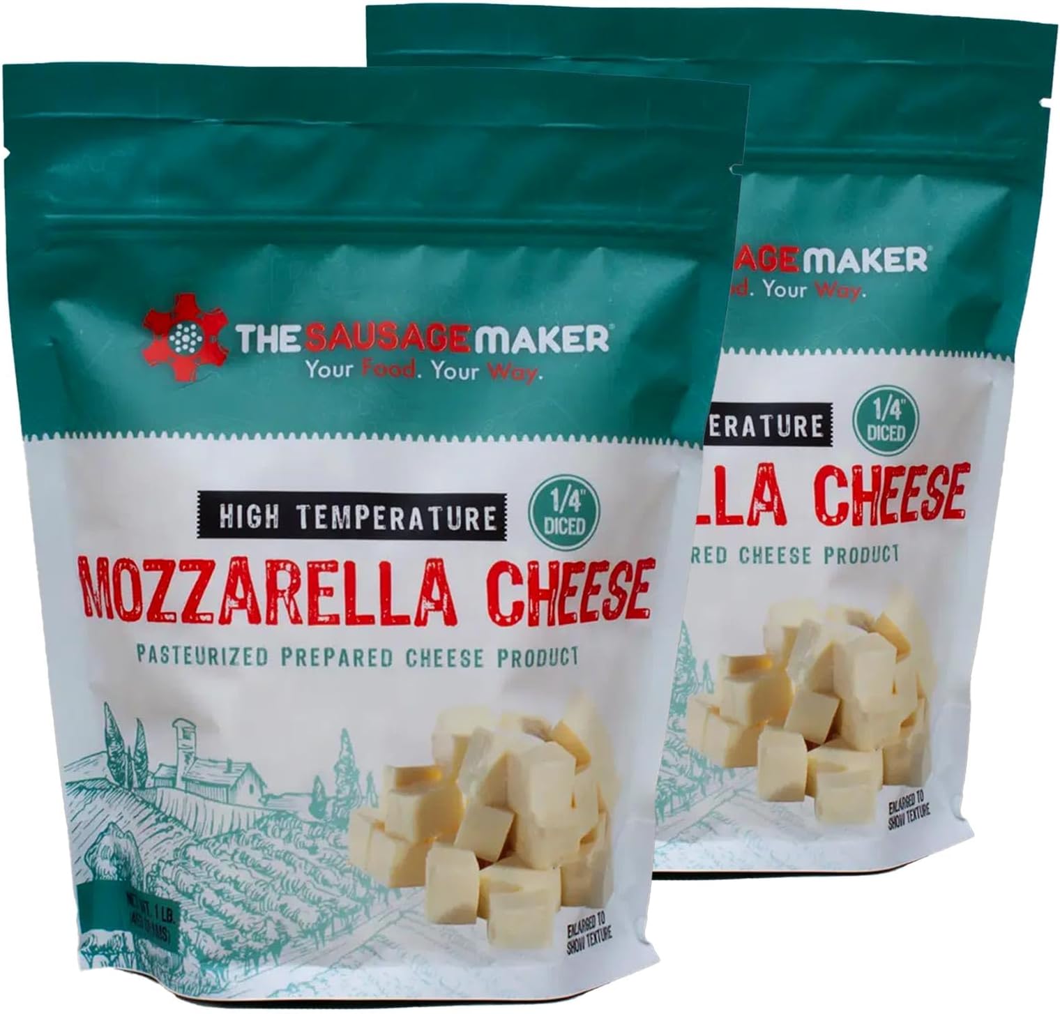 The Sausage Maker® High Temp Mozzarella Cheese 2 Lbs Hi-Temp Cheese For Sausage Making, 1/4" Diced Cube, 400° Temperature High Heat Cheese For Grilling, Salami, Snack Sticks, Summer Sausage