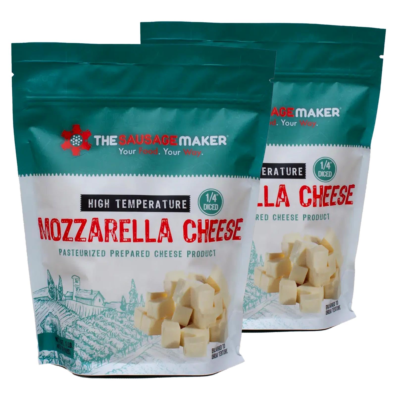 The Sausage Maker® High Temp Mozzarella Cheese 2 Lbs Hi-Temp Cheese For Sausage Making, 1/4" Diced Cube, 400° Temperature High Heat Cheese For Grilling, Salami, Snack Sticks, Summer Sausage