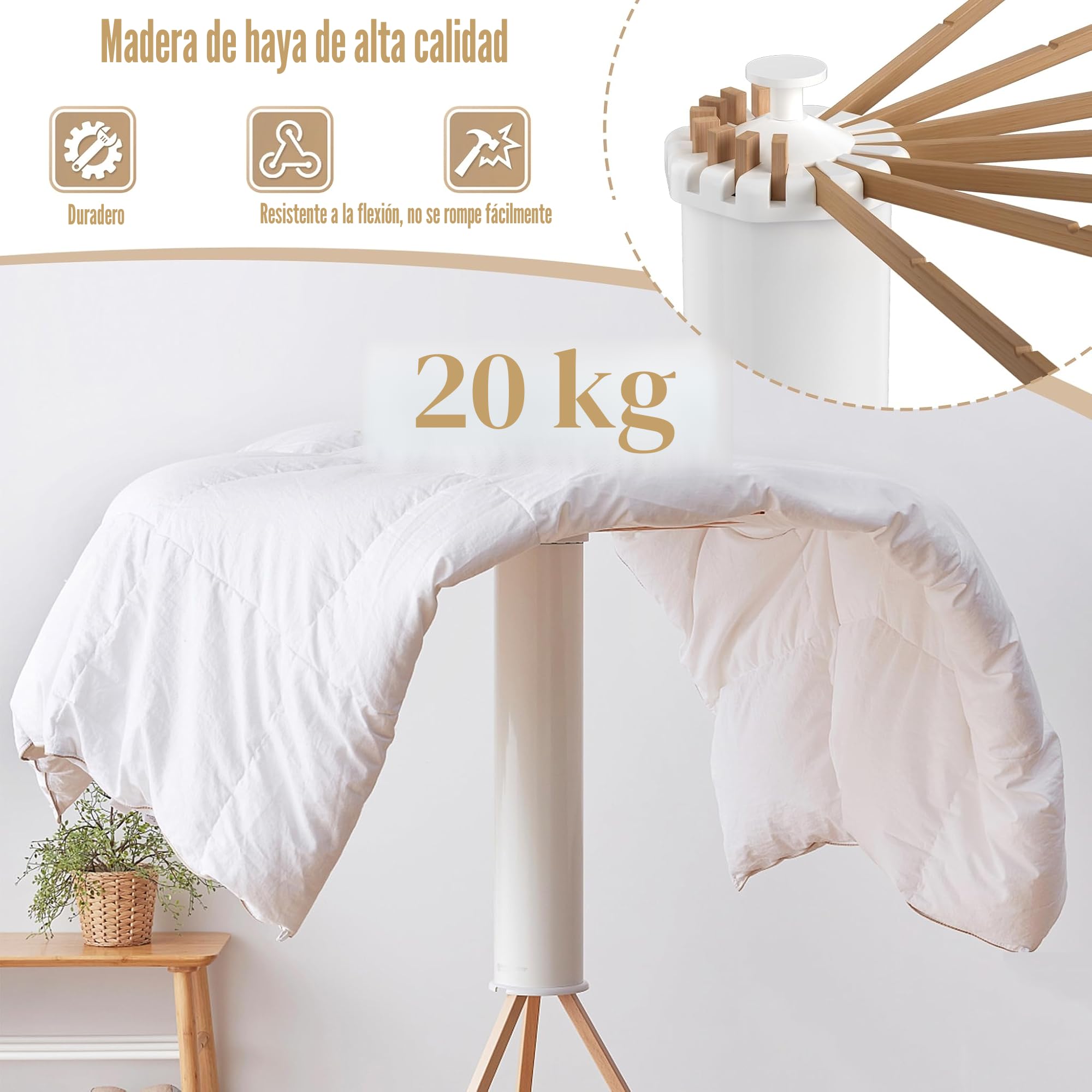 FIVMEN Tendedero plegable - Ahorra espacio, portátil con trípode y 16 barras para secar la ropa - Ventilador de ropa de gran capacidad para balcón, lavandería, baño, madera