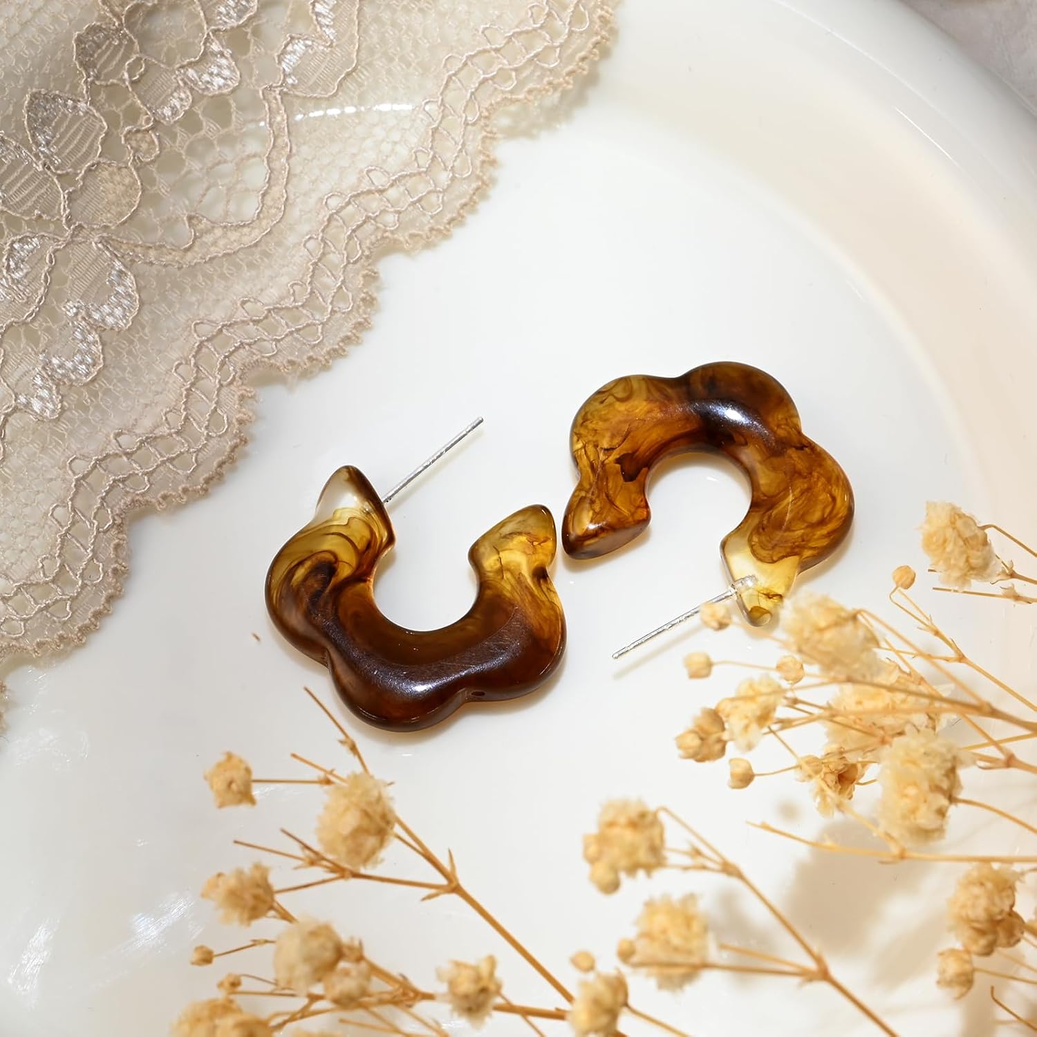 Wotforsh S925 Sterling Silver Flower Huggie Chunky Brown Stud Open Hoop Floral Earrings for Women Hypoallergenic Earrings - Image 4