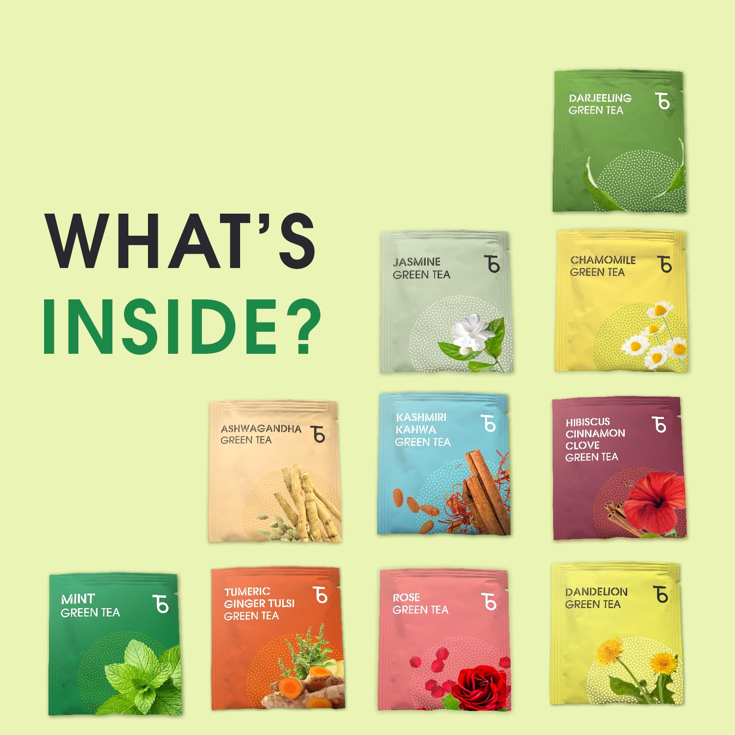 Teabox Wellness Green Tea Sampler Pack - 20 Assorted Tea Bags, 10 Flavors × 2 Each | Whole Leaf, 0% Bitterness | Green Tea Variety Pack for Every Mood