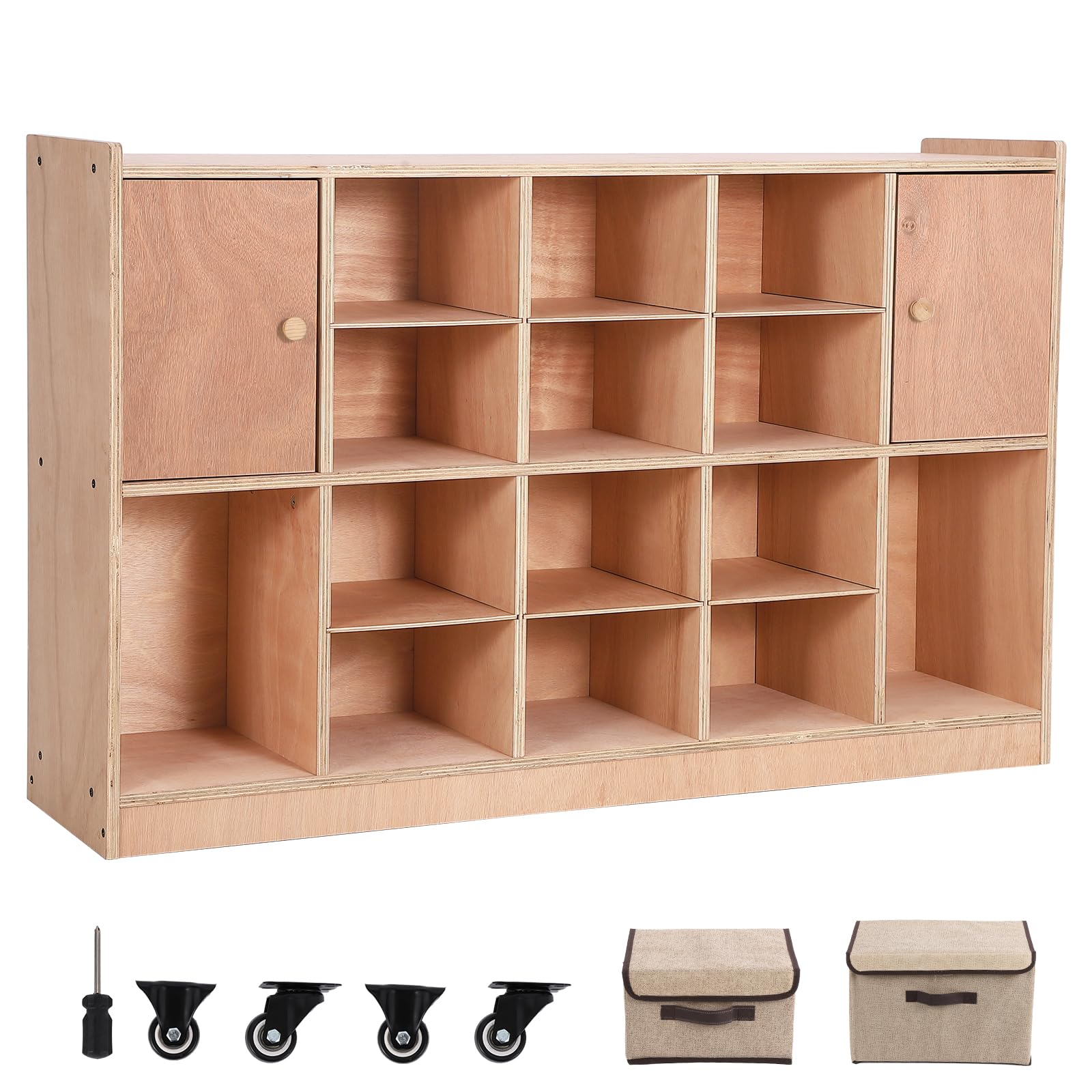 Garvee Mobile Storage Cabinet with 2 Cabinet Doors,Storage Cubby with 5 Anti-Flip Fittings, 4 Castors and 2 Boxes for Home,School,Kindergarten,