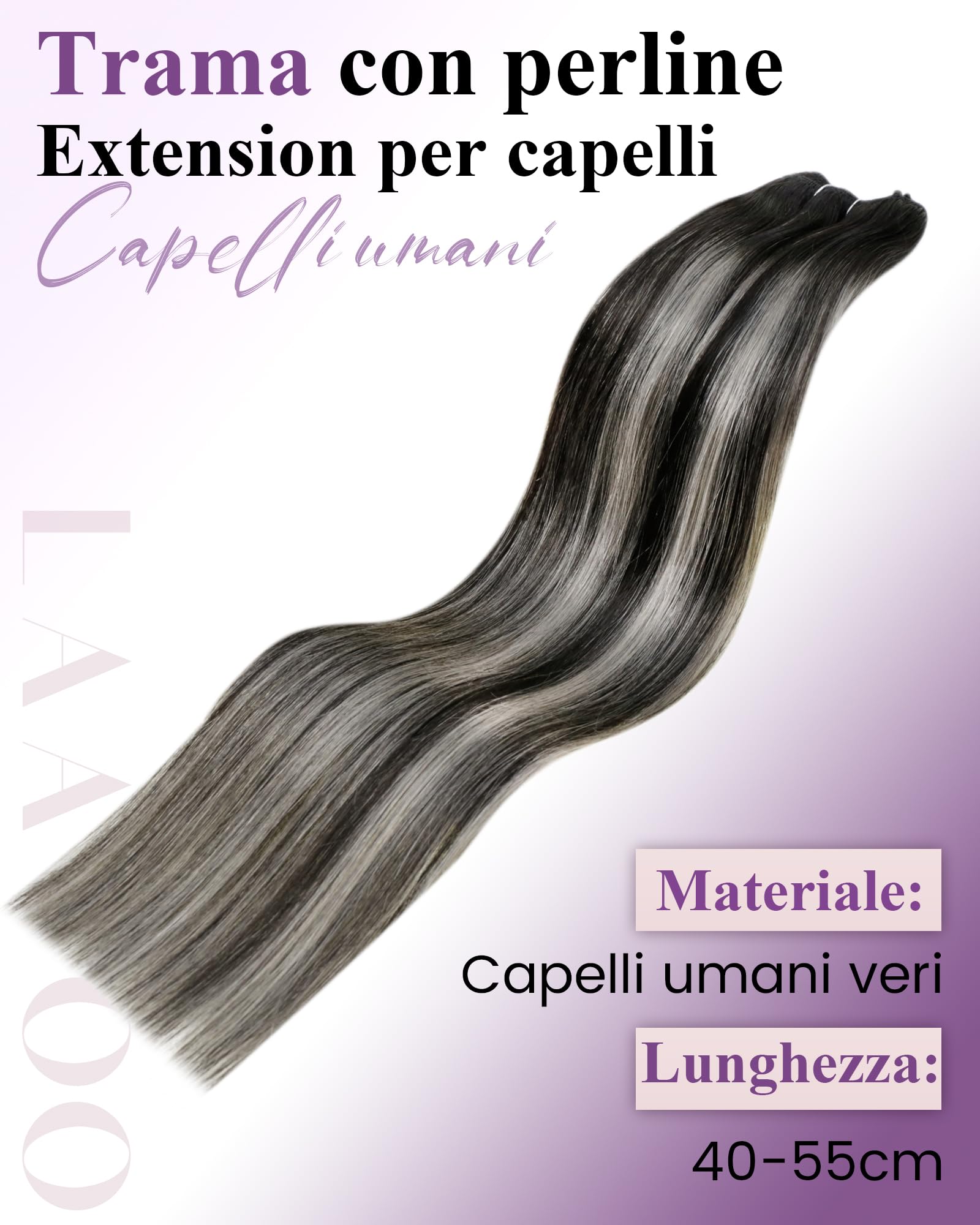 LaaVoo Micro Beads Hair Extensions Remy Cabello Humano Balayage Negro Silver 55cm 50g