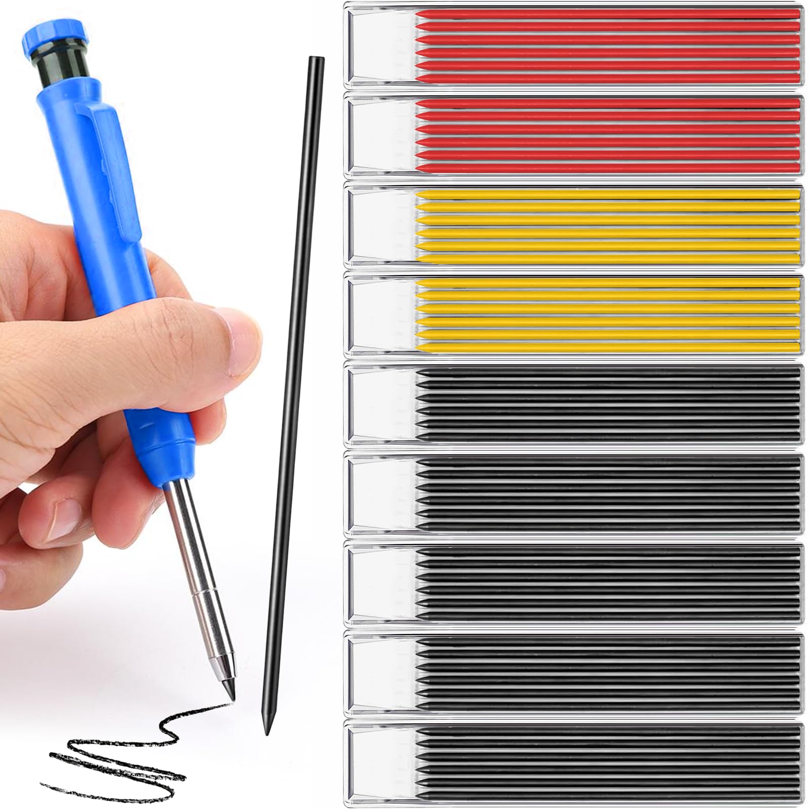 TXXATX 54 Pcs Pencil Refills 2.8mm Pencil Lead Solid Carpenter Refills Black Red and Yellow Deep Hole Marker for Architect Construction Building Joiners Replacement Woodworking Marking Scribe Tools