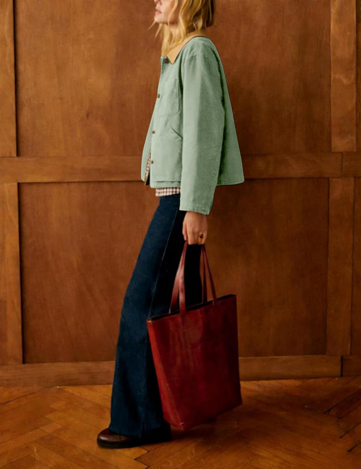 Yeokou Womens Casual Jacket Crop Barn Trench Coat Long Sleeve Button Down Oversized Jacket with Pockets Outerwear - Image 5