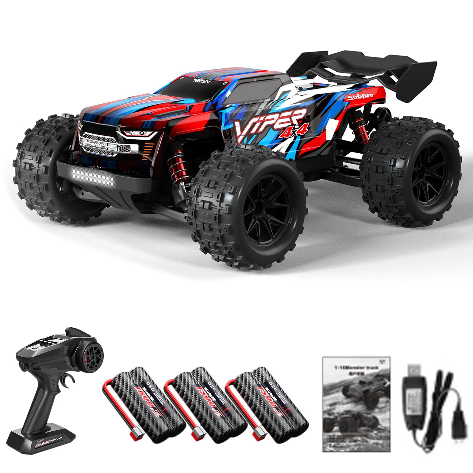 Hylukon Remote Control Cars 1/16 36KMH RC Crawler 4WD 2.4G Full Scale LED Light High Speed All Terrain Offroad Vehicle Pickup Truck RC Climbing Car Gift Toy for Adult Rechargeable Red 3 Battery