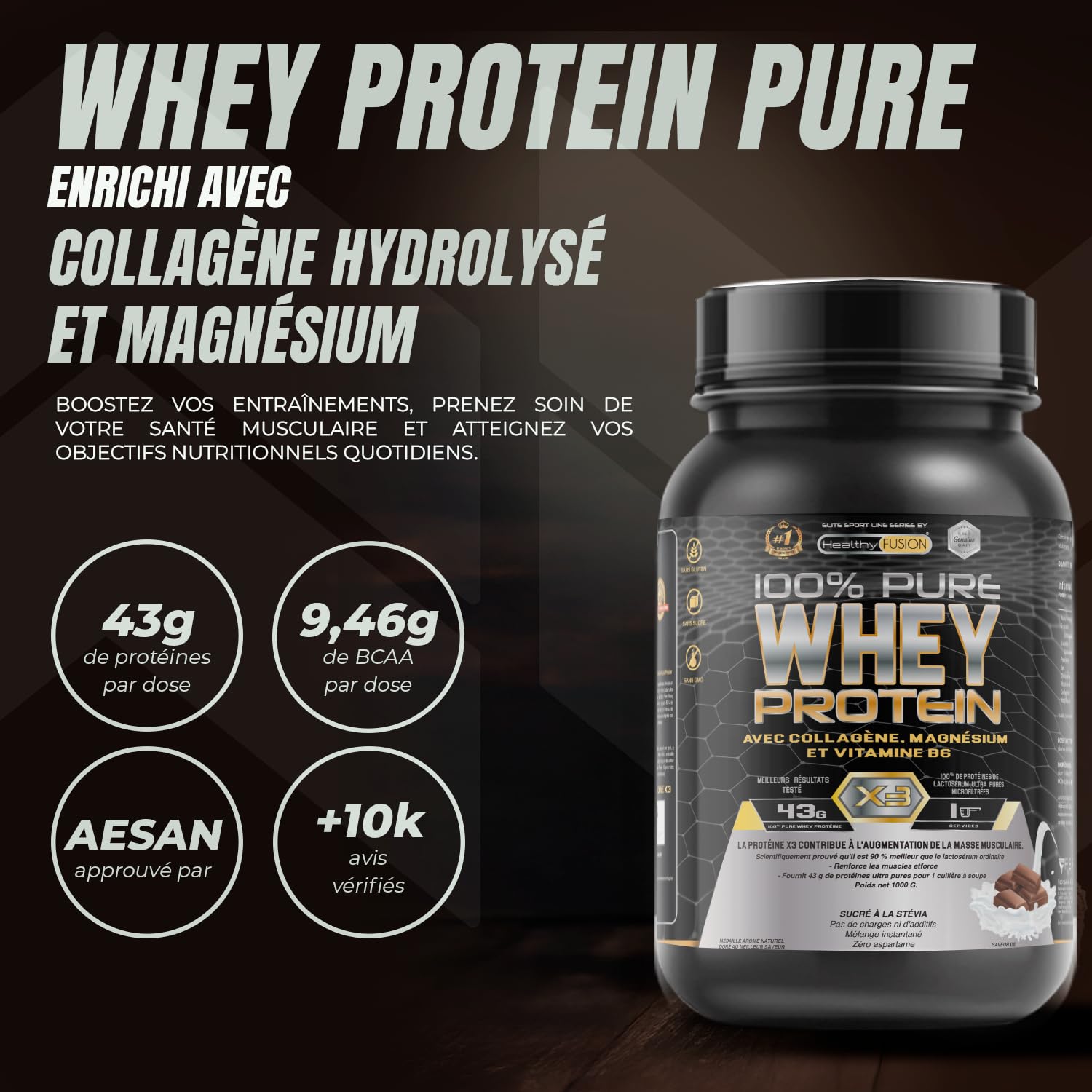 Healthy Fusion Whey Protein | 43 g/dose Protéine Whey Pure avec Collagène, Magnésium et Vitamine B6 | Augmente la masse musculaire, améliore l’entraînement et renforce les articulations | 1000 g