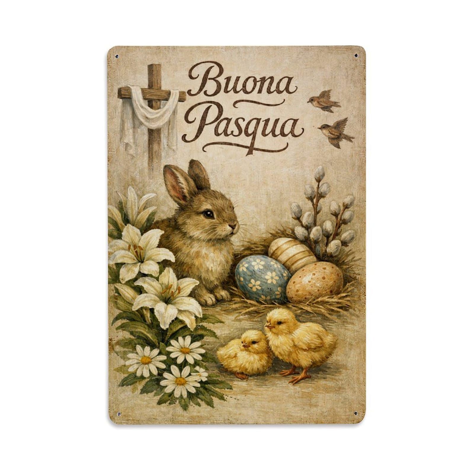 Jdfenggu Vintage Easter Bunny With Flowers And Chicks Retro Metal Tin Sign, Metal Poster For Bar, Home, Man Cave, Kitchen, Laundry Room Art Decor 8X12 Inch