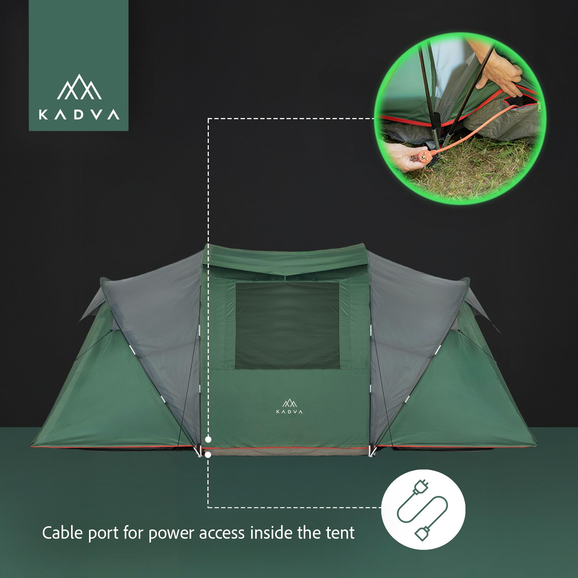 KADVA Tienda de campaña Kavio 4.2, para 4 Personas, con 2 dormitorios, Gran vestíbulo con iluminación, Resistencia al Agua 2000 mm, mosquitera, Marco Exterior Estable, compacta (68 x 30 cm, 11,96 kg)